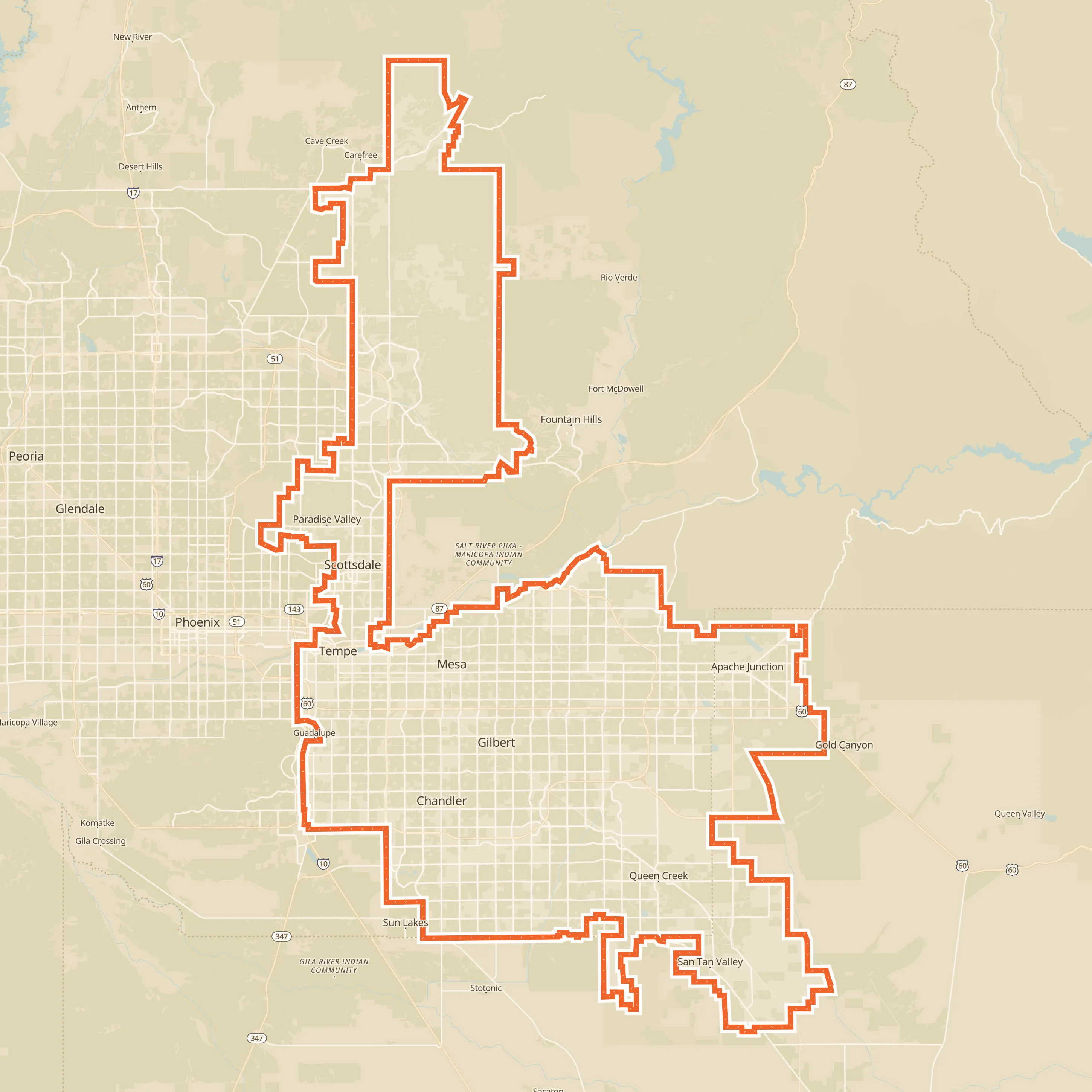 Map of the Citrus Pest Co service area across the East Valley of Arizona